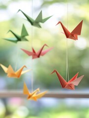 Colorful origami paper cranes hanging decoration