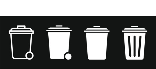 Solid style icons of waste management: trash bin, compost bin, recycling bin, bin with lid, waste bag, garbage schedule, sort waste icon