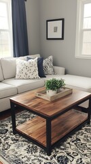 Modern Living Space Interior with Comfortable Seating, Natural Light, Wooden Coffee Table, and Stylish Decor Elements.