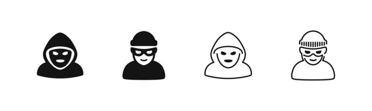 Thief and hacker icons in hood and mask, flat and outline styles.
Crime and cyber security symbols for danger themes