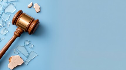 Wooden gavel and broken glass on blue background