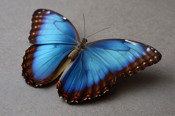 Blue butterfly with open wings on a neutral gray background