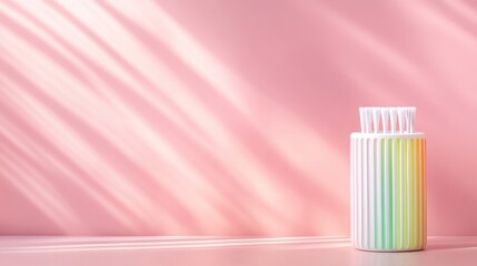 Pastel cotton swab container minimalist pink background sunlight shadows
