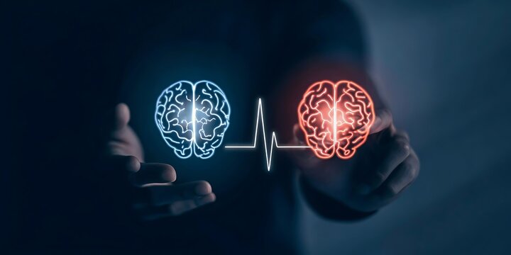 Neon illustration of two human brains in blue and red, connected by a heartbeat line, symbolizing the balance between emotions and logic in a creative visual representation, Brain research