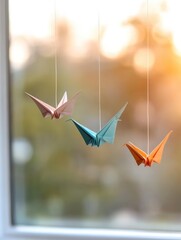 Origami birds hanging in window pastel colors soft light peaceful scene