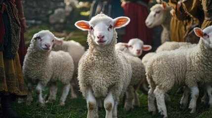 Obraz premium Cute lambs with shepherds in a historical setting