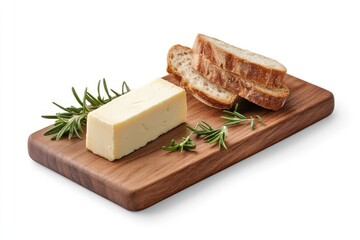 Cheese block with bread slices and rosemary on wooden board food still life