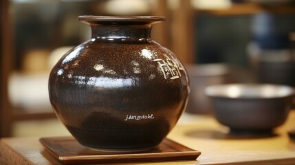 Dark Brown Ceramic Vase on Wooden Table in Shop