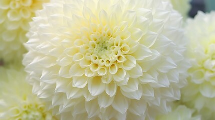 A soft white dahlia with subtle hints of lavender at the petal tips, covered in tiny water beads, background softly blurred in muted mint and soft cream for a fresh, elegant look.