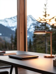 Modern desk lamp illuminating workspace with notebook and mountain view