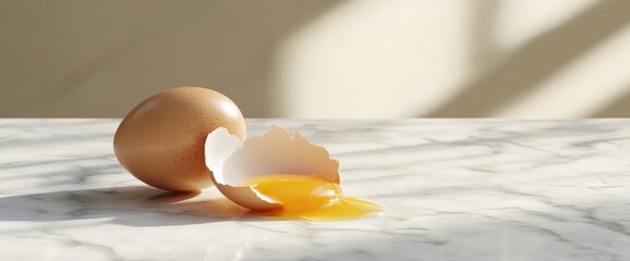 Broken egg yolk spilling on marble surface clean minimal food photography