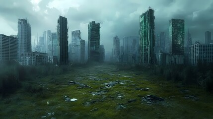 Desolate cityscape after a cataclysmic event.