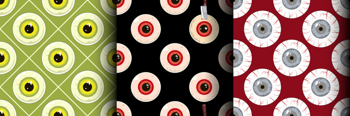 creepy crazy red eyeballs nail in it barbed wire around, original Halloween seamless pattern texture set collection