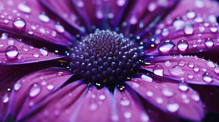 Obraz premium A soft-focus macro of a deep purple dahlia with tiny water droplets sparkling like jewels, background a gentle blend of dark teal and light grey, creating depth and drama.
