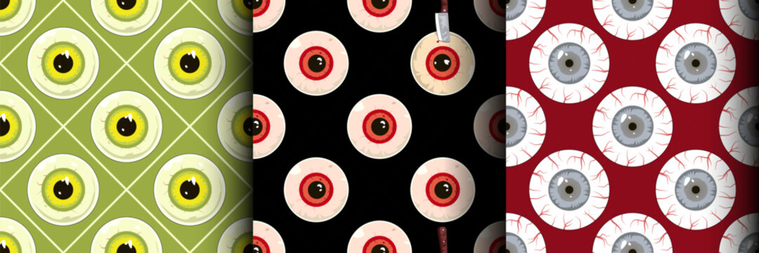 creepy crazy red eyeballs nail in it barbed wire around, original Halloween seamless pattern texture set collection