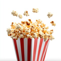 Popcorn in a red and white striped box flying in the air