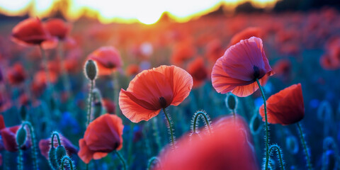 Obraz premium Vibrant red poppies bloom in sharp focus at sunset with golden light, green stems, and a softly blurred background