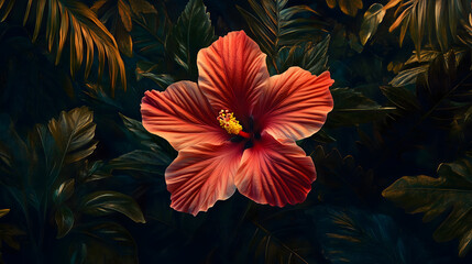 Vibrant Red Hibiscus Flower Blooming Amidst Lush Tropical Foliage