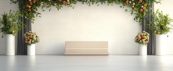 Beige bench minimalist interior with floral arrangements and white wall
