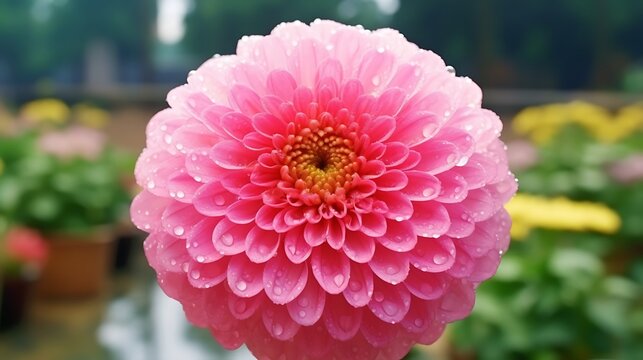 A vibrant pink dahlia in full bloom, close-up with delicate water droplets on its petals, background softly blurred in pale green tones, the flower glistening under natural sunlight.