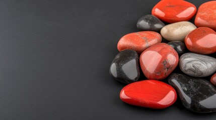 Polished stone pebbles grouped on dark background with copy space natural mineral collection