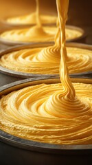 Golden batter being poured into circular molds for baking exquisite cakes in a warm kitchen setting during the afternoon