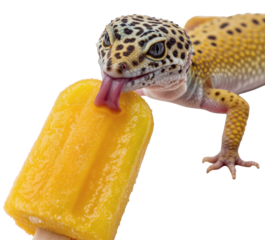 Adorable Leopard Gecko (Eublepharis macularius) Licking a Sweet Orange Popsicle