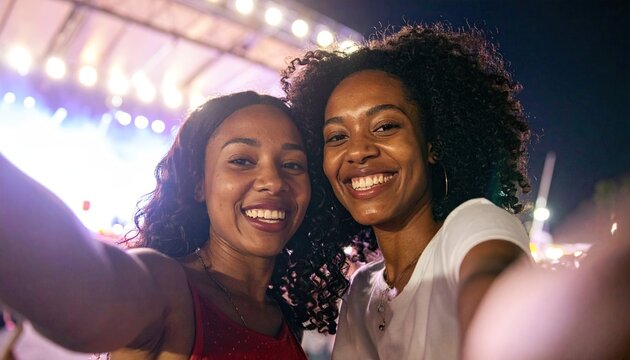 two young women at night summer concert taking selfie
