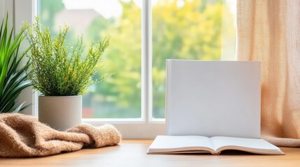 Open book with blank cover potted plant and knitted textile by window