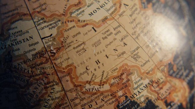 Detailed geographical elements globe closeup. Macro view countries names marked 