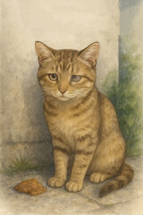 A watercolor illustration of a sad ginger kitten with a damaged or blind eye, sitting against a wall on the street. In front of him lies some wet food. 