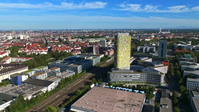 Aerial view of Elsenheimerstra&szlig;e in the Laim district of Munich, Germany, showcasing residential buildings and green courtyards . 30 September 2024.