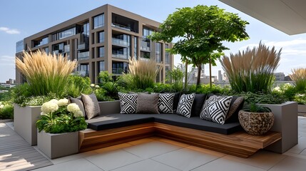 Beautiful rooftop sitting area with greenery high resolution image