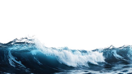 Powerful sea wave crashing with ocean spray dynamic coastal water motion and natural marine energy isolated on white background