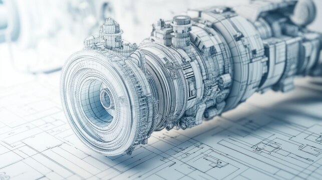 Detailed blueprint of a futuristic engine design on engineering drawings