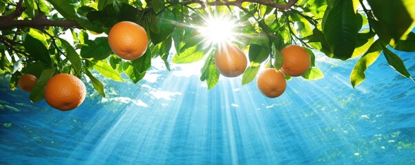 Sunlight through water oranges on tree branch
