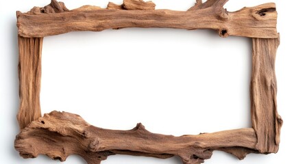 Natural wood frame made of driftwood on white background rustic organic border