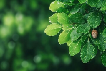 Green leaves with water droplets and pine cone nature background