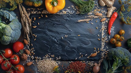Vibrant array of whole foods, displayed on a dark stone plate