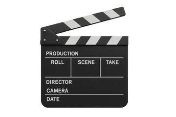 Opened film clapperboard lying on transparent surface, indicating creative filmmaking process and cinematic storytelling beginnings