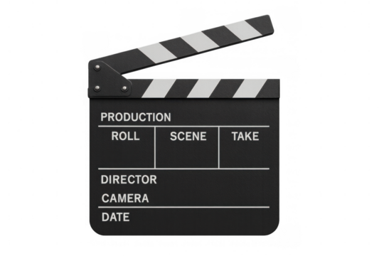 Opened film clapperboard lying on transparent surface, indicating creative filmmaking process and cinematic storytelling beginnings