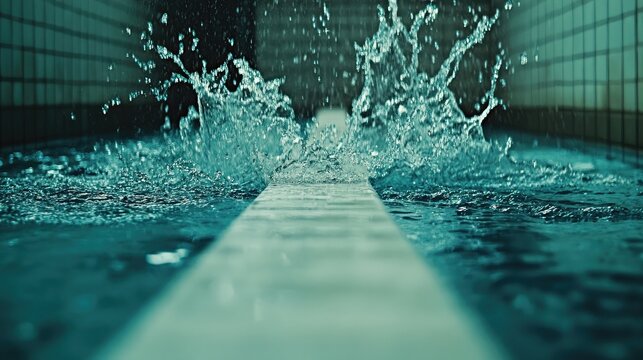 Close-up of water splashing at the end of a lane, showing movement and energy in an empty pool