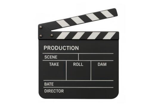Open movie clapperboard on transparent background, ready for compositing into video projects or film-related designs