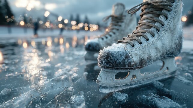 Ice skates on a frozen lake during twilight, capturing the essence of winter fun and leisure activities