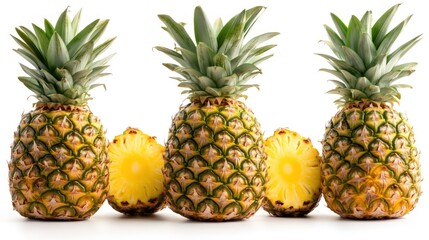 Three ripe pineapples and two halves on white background close up view