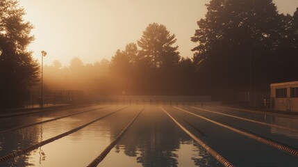 Fototapeta premium Foggy morning over an outdoor pool with swim lane ropes barely visible