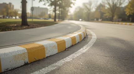 Red and white curb, No parking zone, Raised curb, Curved view, Highway, Diagonal road, Wide road, Lane divider, Parking lot, Sidewalk, Pavement, Waiting area, Traffic, Practice parking, Driver's licen