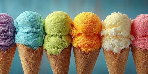 Colorful ice cream cones displayed against a vibrant background on a sunny day