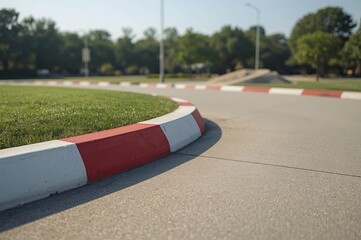 Red and white curb, No parking zone, Raised curb, Curved view, Highway, Diagonal road, Wide road, Lane divider, Parking lot, Sidewalk, Pavement, Waiting area, Traffic, Practice parking, Driver's licen