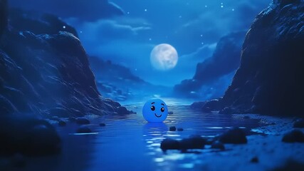 A cheerful blue character floating in a serene moonlit river surrounded by rocky cliffs